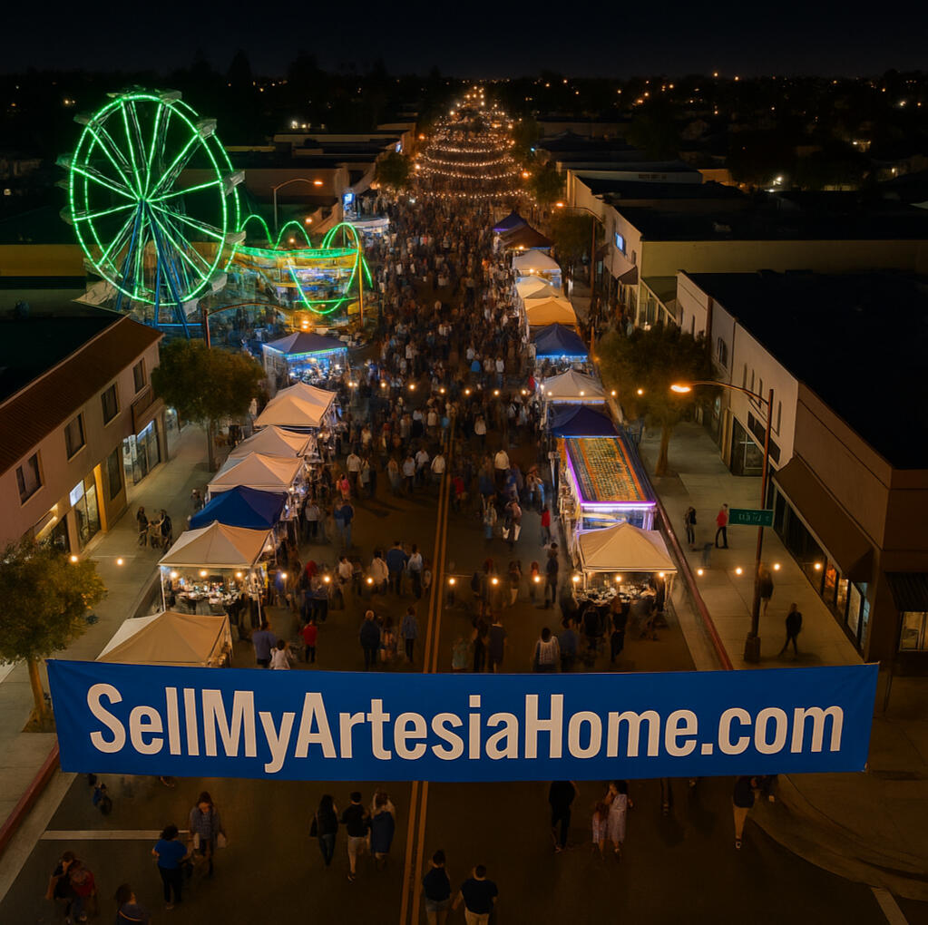 A vibrant aerial view of city of Arteisa Street Fair in Arteisa, California